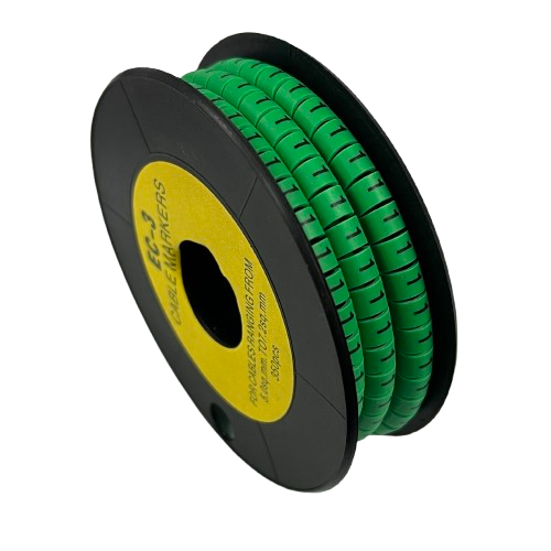 Reel of Cable Marker 1 Green split tube wire identifiers on black spool for cable management and labeling