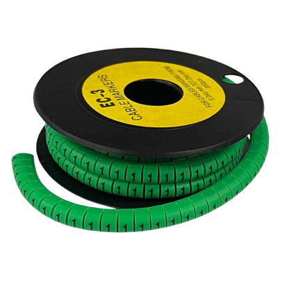 Cable Marker 1 Green segmented spiral cable marker tubing on black spool for wire identification