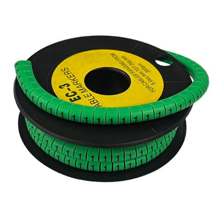 Cable Marker 1 Green spool of numbered markers on black reel for wire identification and organization