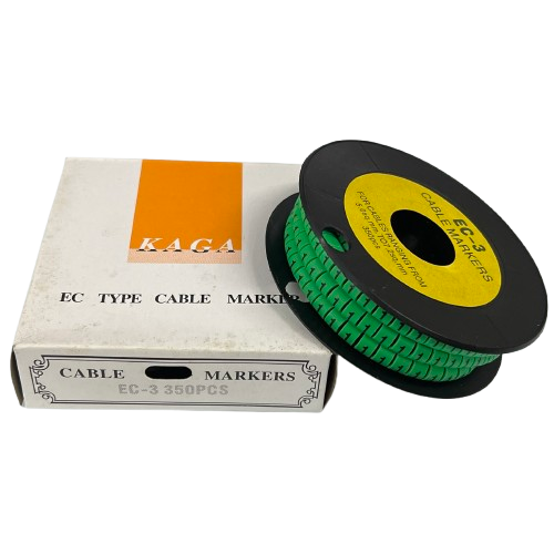 Spool of Cable Marker 1 Green labels on black reel next to KAGA EC type cable markers box for cable management