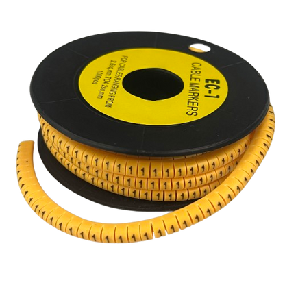 Spool of flexible spiral cable markers in yellow with repeated number 1 for wire labeling Cable Marker 1 Yellow