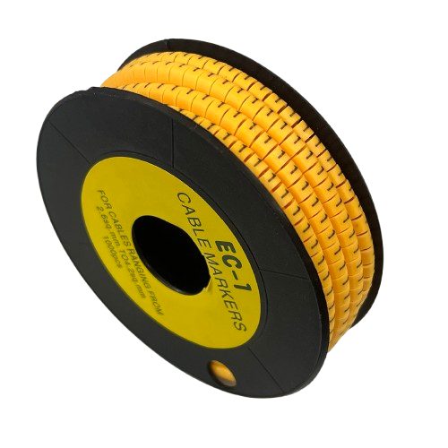 Cable Marker 1 Yellow spool of flexible split wire markers on black reel for cable management installations
