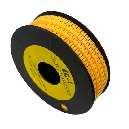 Cable Marker 1 Yellow spool of flexible split wire markers on black reel for cable management installations