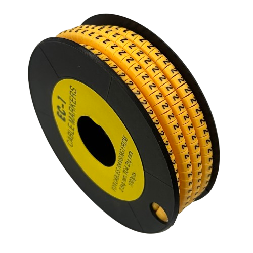 Spool of yellow numeric cable labels Cable Marker 2 Yellow on black reel for organized wire identification