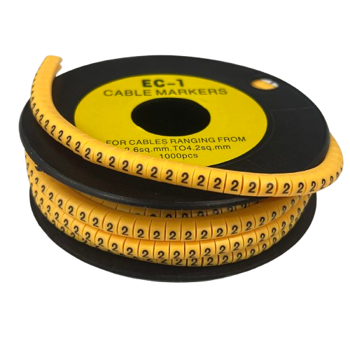 Spool of numbered adhesive Cable Marker 2 Yellow tags for organized cable management and wiring identification