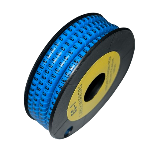Spool of Cable Marker 3 Blue numeric ring markers on reel for cable management and labeling wires