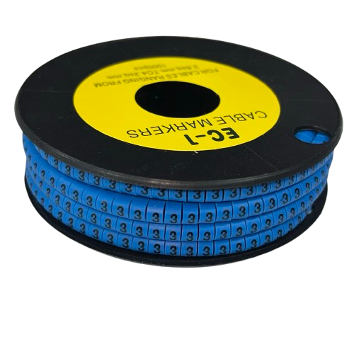 Cable Marker 3 Blue spool of adhesive number 3 cable markers on black reel for wire labeling