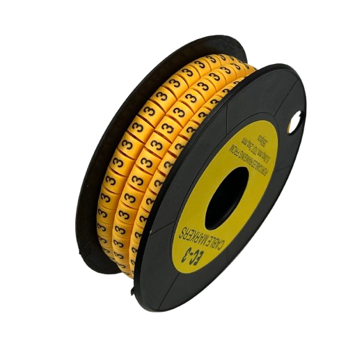 Spool of Cable Marker 3 yellow numbered ring markers on black reel for organized wire and cable management