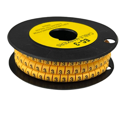 Cable Marker 3 yellow spool from China with repeated numeric 3 cable markers for wire labeling and organization