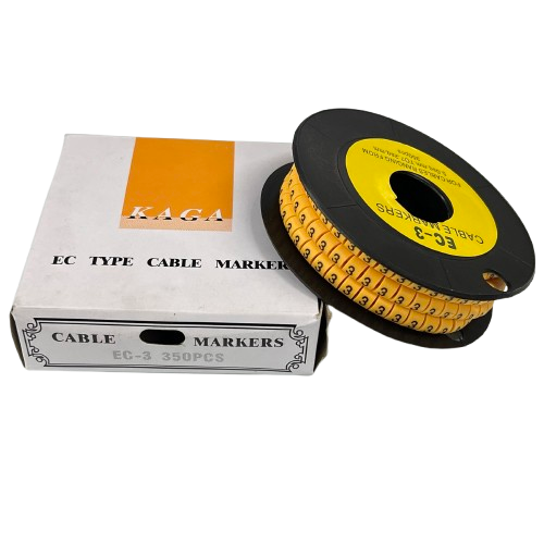 China made spool of Cable Marker 3 yellow numbered vinyl cable identification markers on black reel for cable management