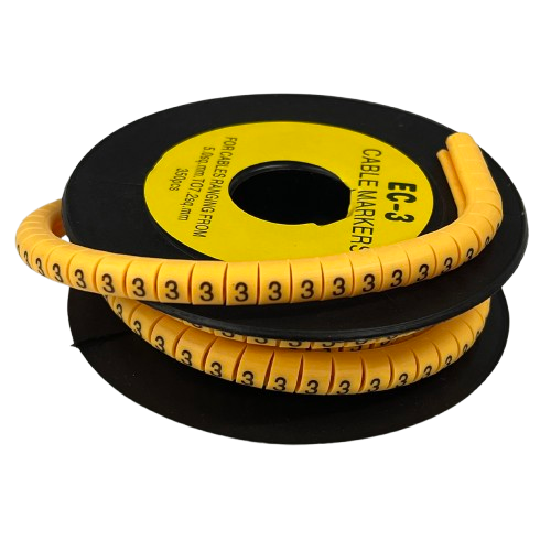 Cable Marker 3 yellow flexible spiral cable markers on a black spool showing repeated number 3 for labeling cables