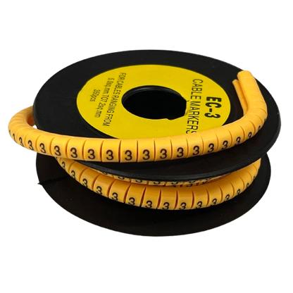 Cable Marker 3 yellow flexible spiral cable markers on a black spool showing repeated number 3 for labeling cables