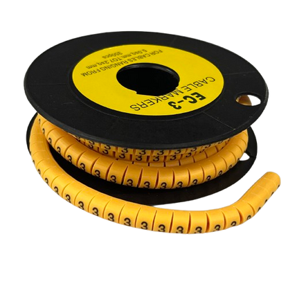 Cable Marker 3 yellow spiral wrap cable labels on black reel for wire identification and organization