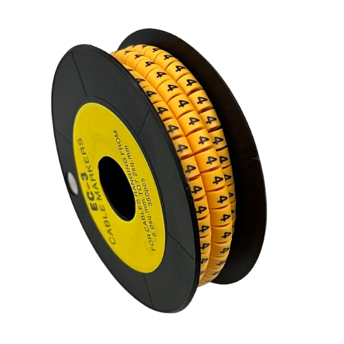 Grippes Cable Marker - 4 Yellow reel of numbered yellow sleeve markers for cable identification on black reel