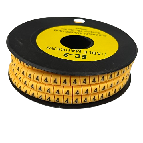 Grippes Cable Marker 4 - Yellow spool with rows of adhesive number 4 markers for cable identification