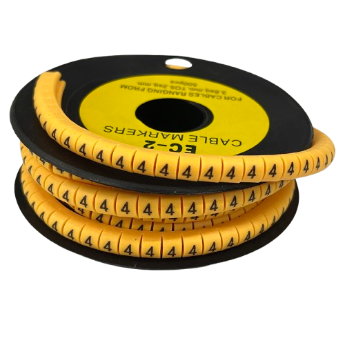 Grippes Cable Marker 4 - Yellow spool of flexible numbered cable management sleeves showing repeated 4 markings