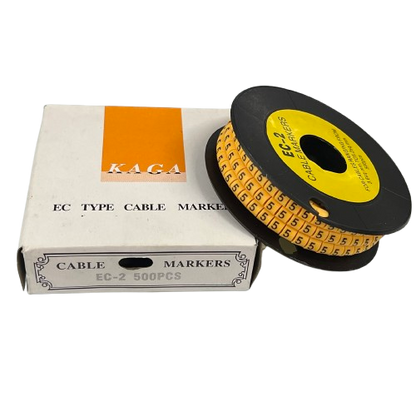 Grippes cable management spool with numbered Cable Marker 5 - Yellow tape roll and white labeled box