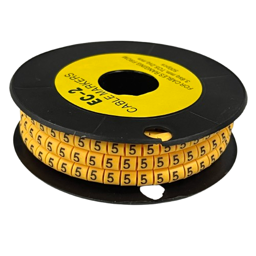 Grippes spool of Cable Marker 5 - Yellow numeric cable labels showing repeated 5 markers for cable management