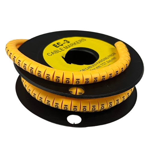 Cable Marker 6 Yellow spiral wire markers on black spool for organizing and labeling cables and wires