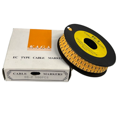 Grippes Cable Marker - 6 Yellow reel with numbered adhesive markers and labeled box for cable management