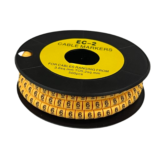 Grippes Cable Marker - 6 Yellow reel of numbered yellow markers on black spool for cable labeling