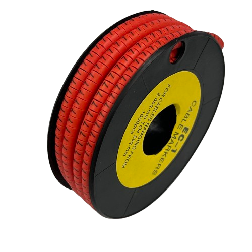 Grippes Cable Marker -7 Red spool of red flexible cable markers on black reel for wire identification and organization