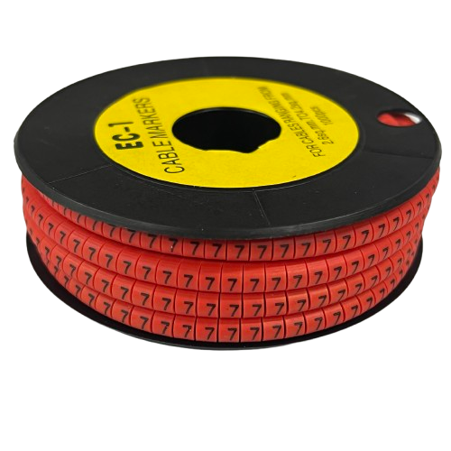 Grippes Cable Marker -7 Red spool of adhesive number 7 cable markers on black reel with yellow label