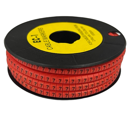 Grippes Cable Marker -7 Red spool of adhesive number 7 cable markers on black reel with yellow label