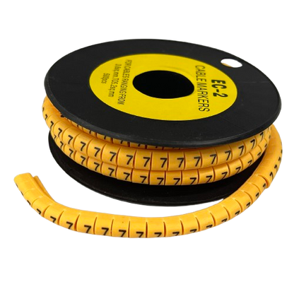Grippes Cable Marker 7 Yellow spool of flexible segmented yellow markers with black 7 digits for wire labeling