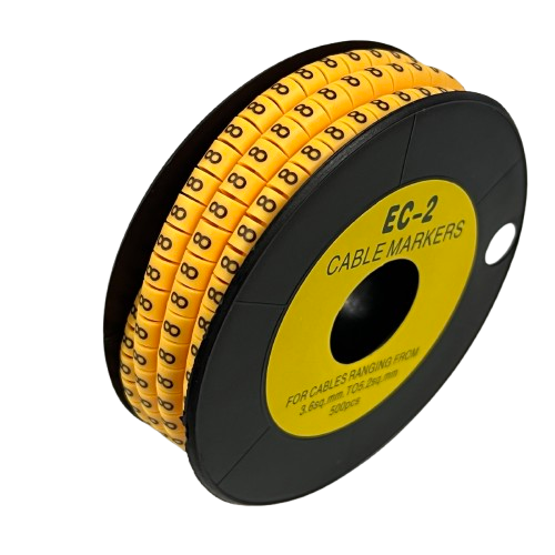 Grippes Cable Marker 8 - Yellow reel of numeric cable markers on black spool for wire identification and organization