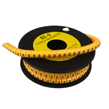 Cable marker - 8 Yellow spool of flexible cable management sleeves with repeating black 8 digits