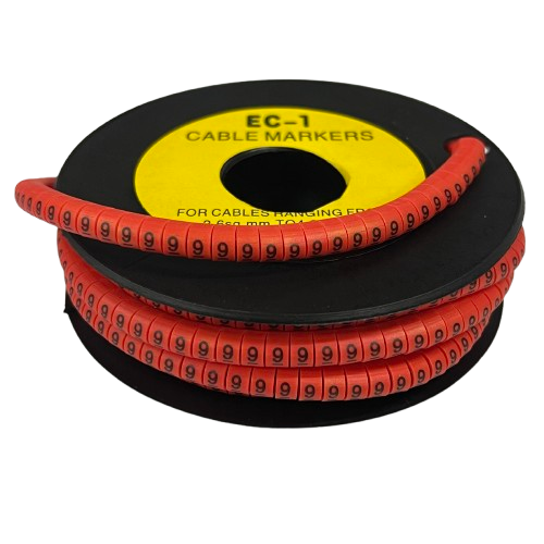 Grippes spool of flexible red cable markers printed with repeating 9s Cable Marker - 9 Red for wire identification