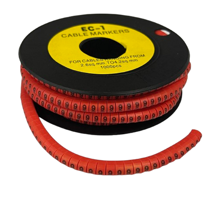 Grippes spool of red numbered cable markers showing repeated 9 digits Cable Marker - 9 Red for wire labeling