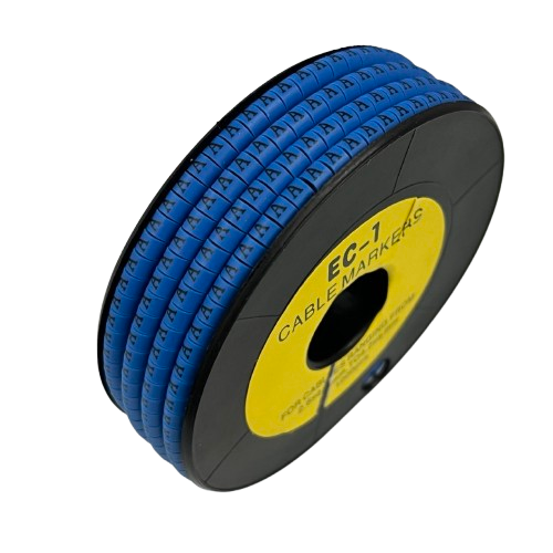 Spool of blue lettered cable markers showing repeated A labels Cable Marker - A Blue for wiring organization