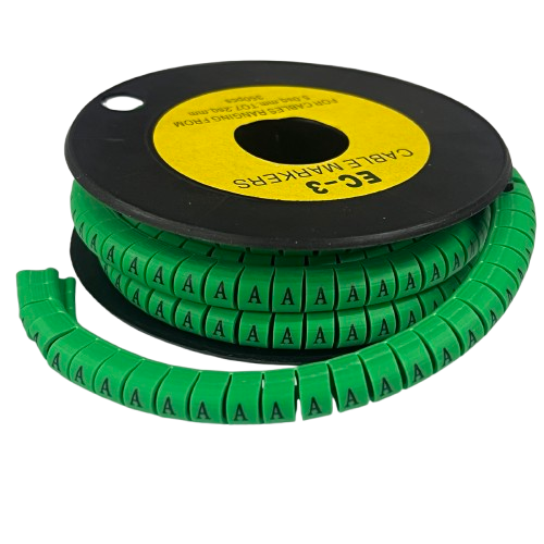 Cable Marker - A Green on a black spool of snap on cable labels for wire organization and identification