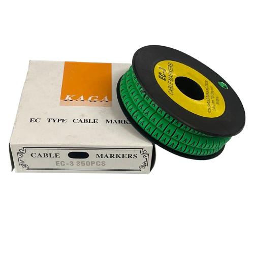 Cable Marker - A Green roll of A letter cable identification markers on black spool with white labeled box from China