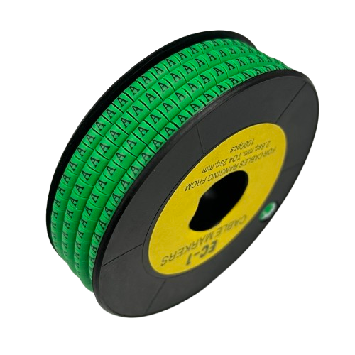 Grippes Cable Marker - A Green spool showing adhesive letter A markers for organized cable management