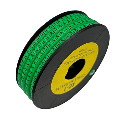 Grippes Cable Marker - A Green spool showing adhesive letter A markers for organized cable management