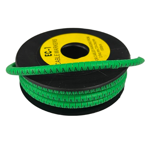 Grippes Cable Marker - A Green spiral wrap roll with repeated A labels for identifying and organizing cables