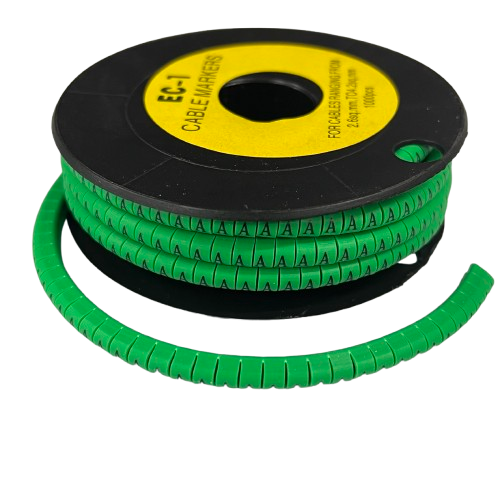 Grippes Cable Marker - A Green spool of segmented green A markers on black reel for cable management