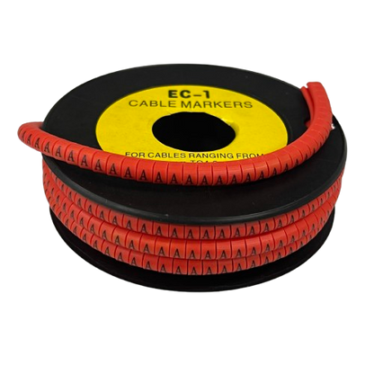 Grippes Cable Marker A - Red reel of lettered cable markers on spool for cable management and labeling