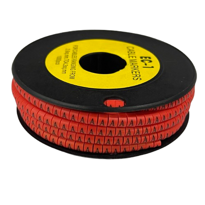 Grippes Cable Marker A - Red spool showing red letter A markers wound on black plastic reel