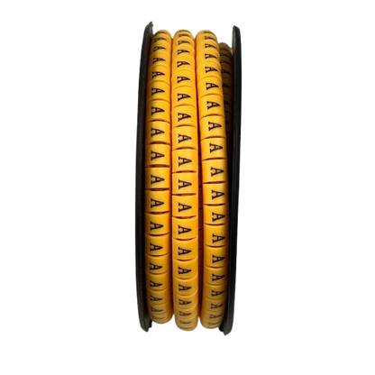 Grippes Cable Marker A - Yellow spool of flexible cable markers with repeated A labels for wire identification