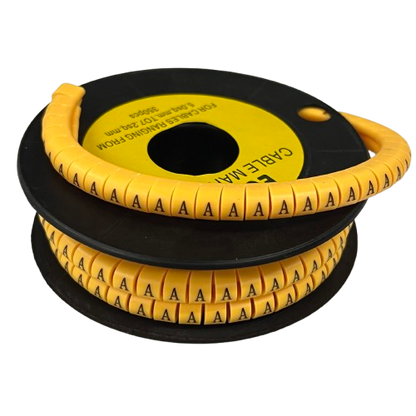 Cable Marker - A Yellow spiral cable ID markers on a black spool showing repeating letter A labels