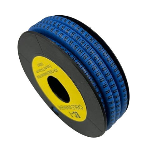 Spool of blue adhesive cable ID rings showing repeated Cable Marker - B Blue labels for wire organization