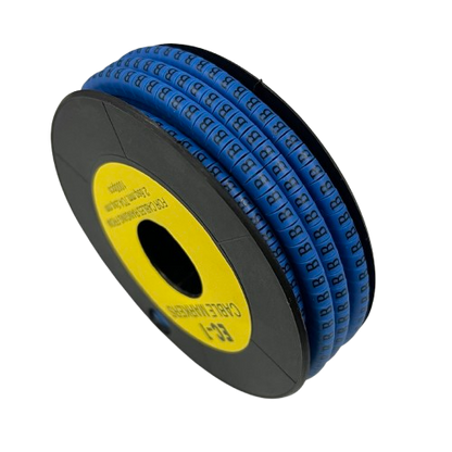 Spool of blue adhesive cable ID rings showing repeated Cable Marker - B Blue labels for wire organization