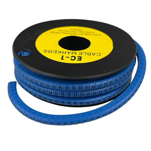 Spool of blue segmented cable markers with repeated B labels for wire identification and organization Cable Marker - B Blue