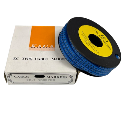 Spool of blue cable rings and box of Cable Marker - B Blue labels for wire identification