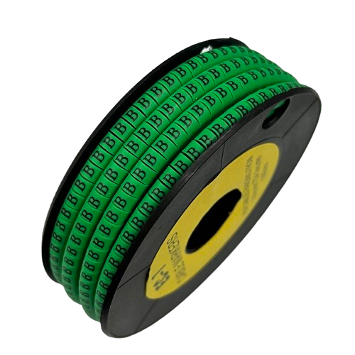 Grippes Cable Marker - B Green reel of green B markers on a black spool for organizing and labeling cables