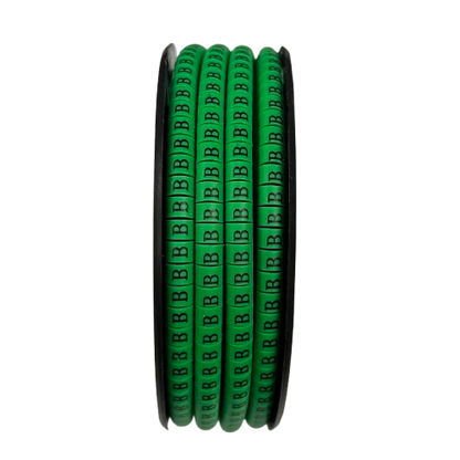 Grippes Cable Marker - B Green spool showing multiple green B labels for cable identification